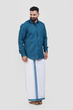 Colour Catch Teal Blue Single Set – Full Sleeve Shirt + Dhoti Set