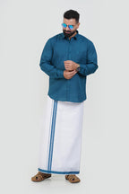 Colour Catch Teal Blue Single Set – Full Sleeve Shirt + Dhoti Set