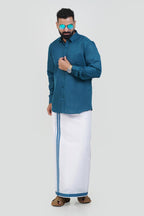 Colour Catch Teal Blue Single Set – Full Sleeve Shirt + Dhoti Set