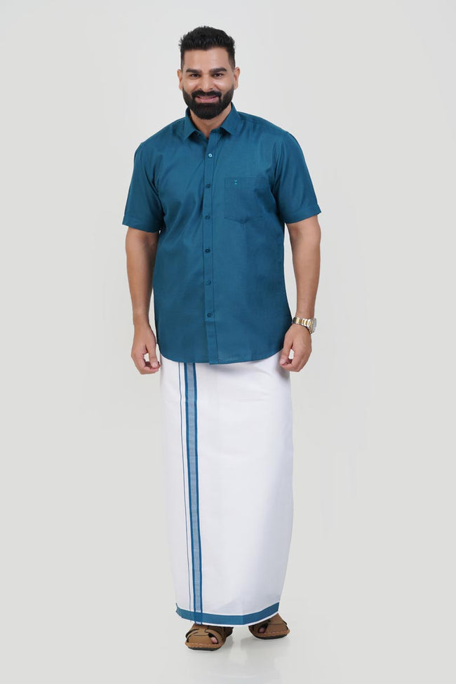 Colour Catch Teal Blue Single Set – Half Sleeve Shirt + Dhoti Set Hover Image