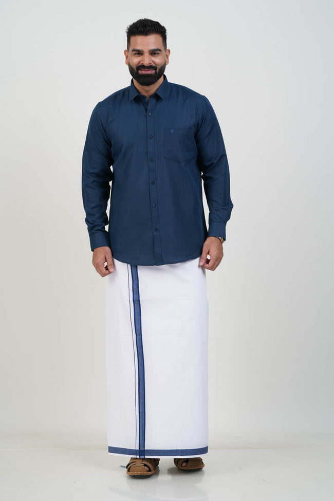Colour Catch Midnight Blue Single Set – Full Sleeve Shirt + Dhoti Set Hover Image