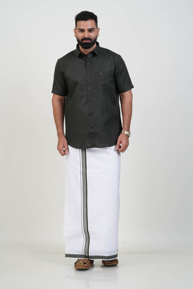 Colour Catch Dark Olive Green Single Set – Half Sleeve Shirt + Dhoti Set Hover Image