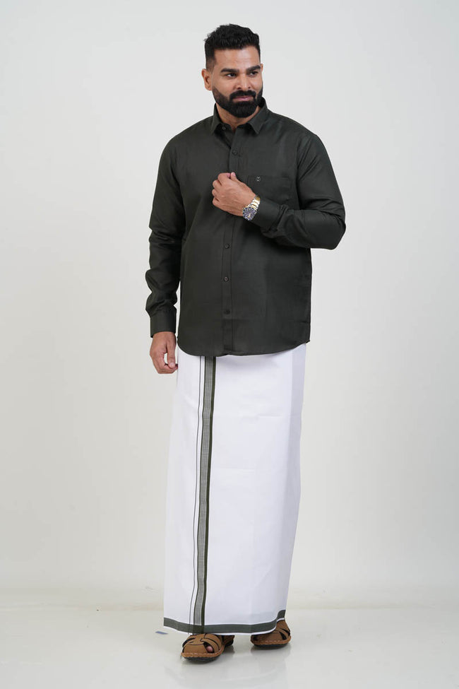 Colour Catch Dark Olive Green Single Set – Full Sleeve Shirt + Dhoti Set Hover Image