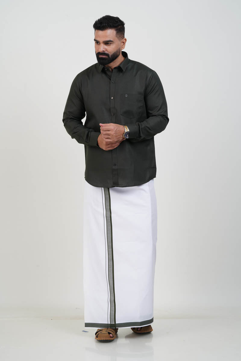 Colour Catch Dark Olive Green Single Set – Full Sleeve Shirt + Dhoti Set