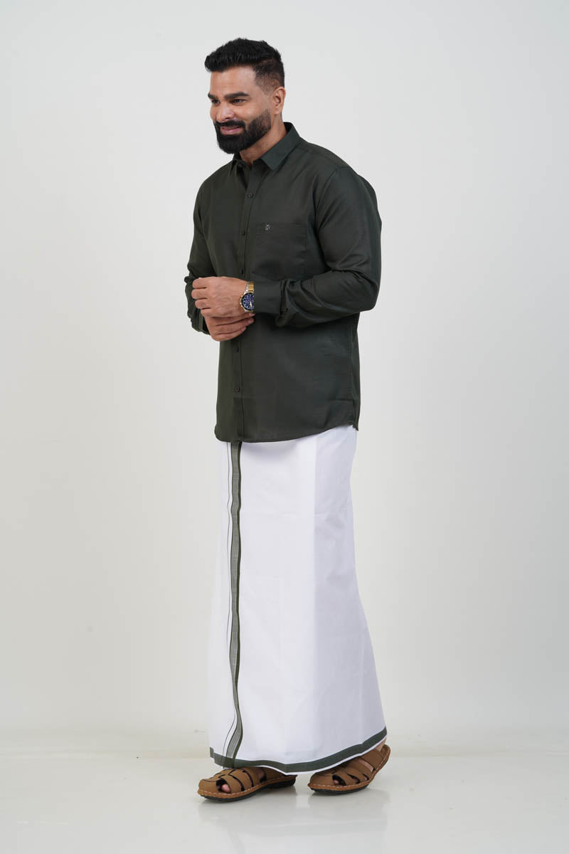 Colour Catch Dark Olive Green Single Set – Full Sleeve Shirt + Dhoti Set