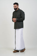 Colour Catch Dark Olive Green Single Set – Full Sleeve Shirt + Dhoti Set
