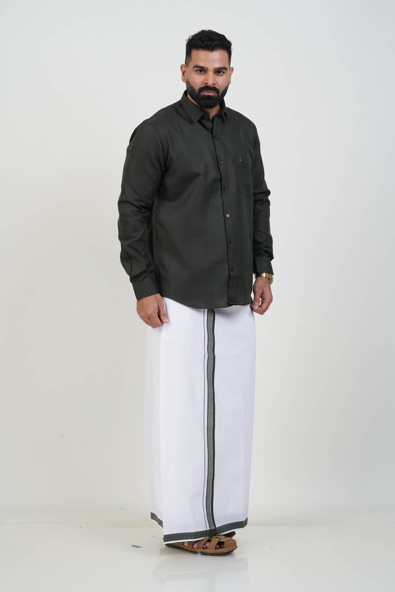 Colour Catch Dark Olive Green Single Set – Full Sleeve Shirt + Dhoti Set