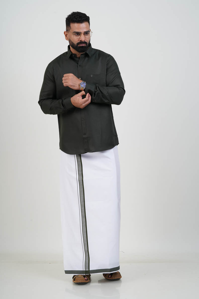 Colour Catch Dark Olive Green Single Set – Full Sleeve Shirt + Dhoti Set