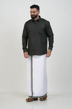 Colour Catch Dark Olive Green Single Set – Full Sleeve Shirt + Dhoti Set