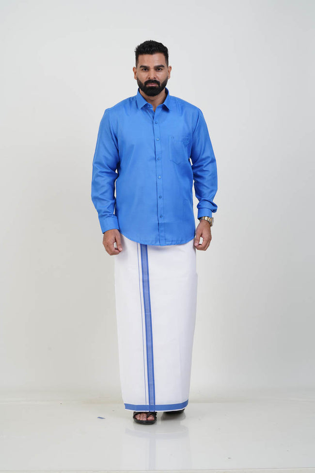 Colour Catch Azure Blue Single Set – Full Sleeve Shirt + Dhoti Set Hover Image
