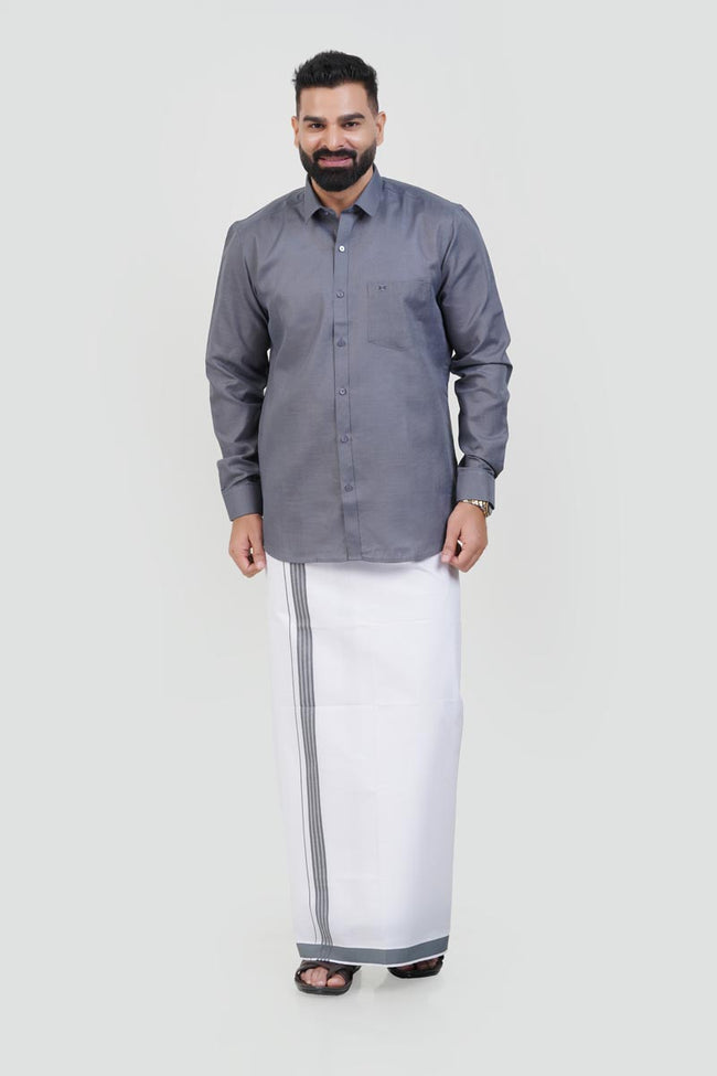 Colour Catch Grey Single Set – Full Sleeve Shirt + Dhoti Set Hover Image
