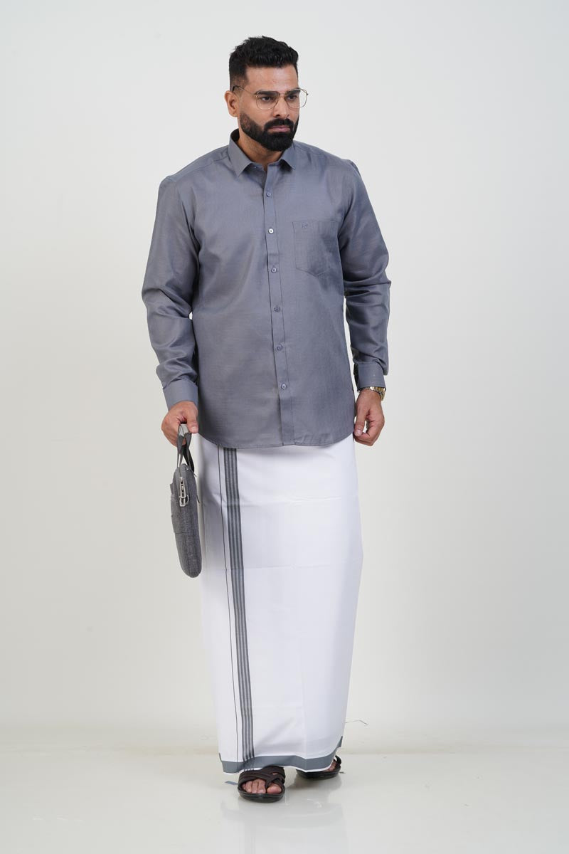 Colour Catch Grey Single Set – Full Sleeve Shirt + Dhoti Set