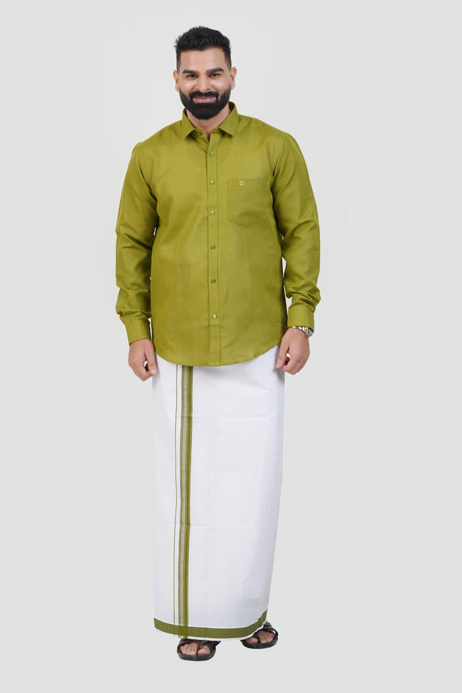 Colour Catch Olive Green Single Set – Full Sleeve Shirt + Dhoti Set Hover Image