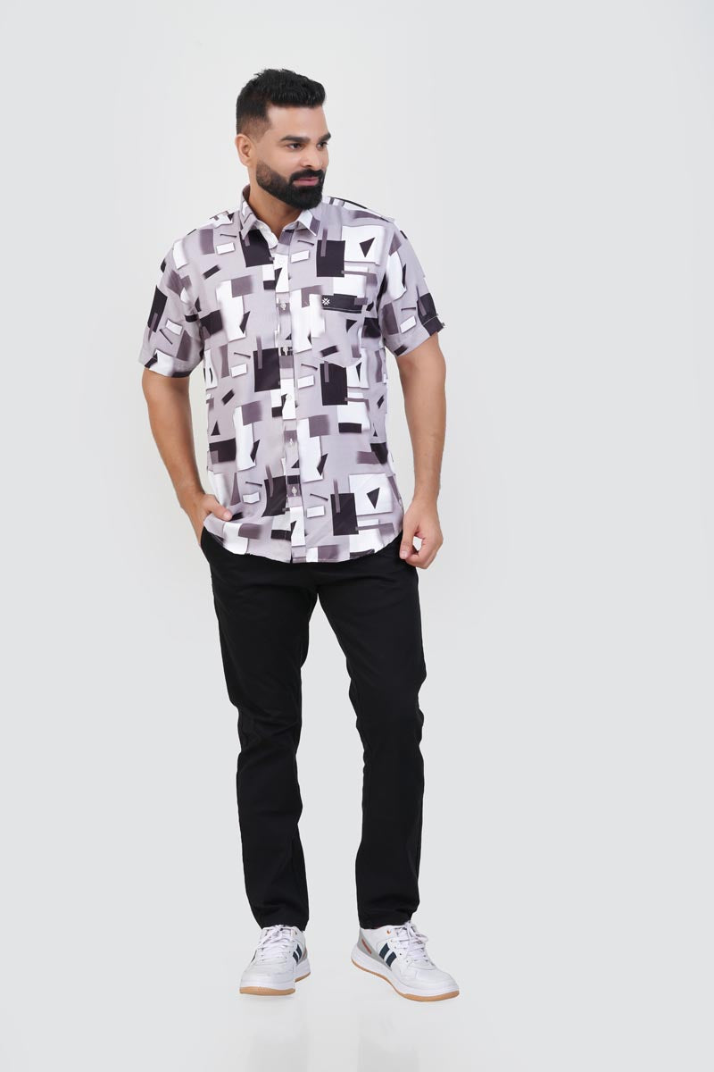 Freeco Print Shirt – Half Sleeve (Mauve & Black Abstract Block)