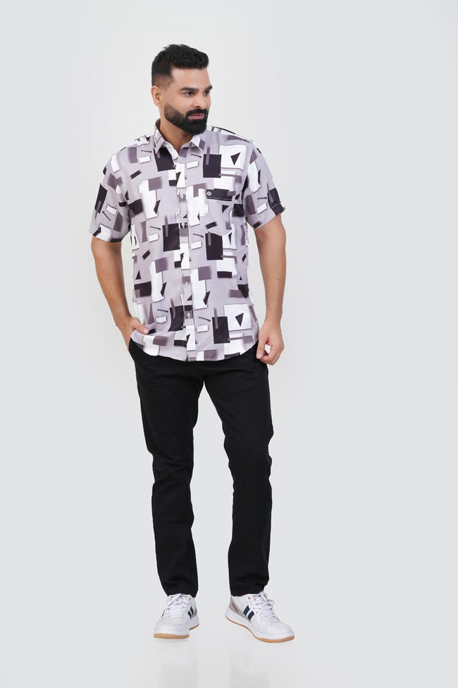 Freeco Print Shirt – Half Sleeve (Mauve & Black Abstract Block) Main Image