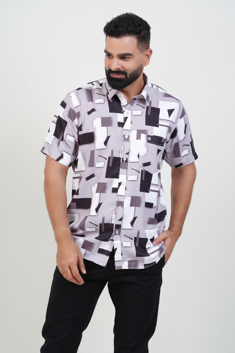 Freeco Print Shirt – Half Sleeve (Mauve & Black Abstract Block)