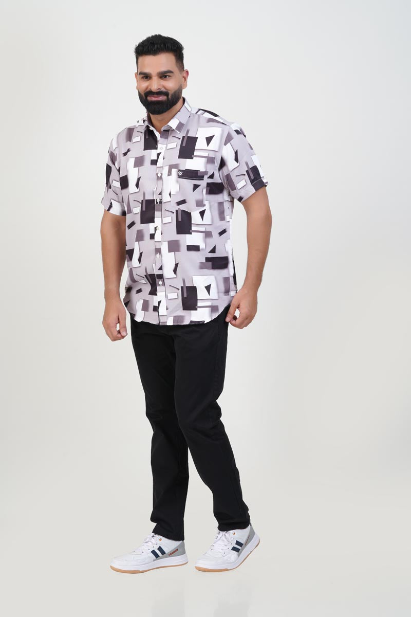 Freeco Print Shirt – Half Sleeve (Mauve & Black Abstract Block)