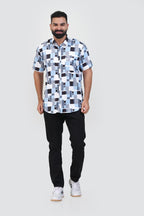 Freeco Print Shirt – Half Sleeve (Sky Blue & Charcoal Block)
