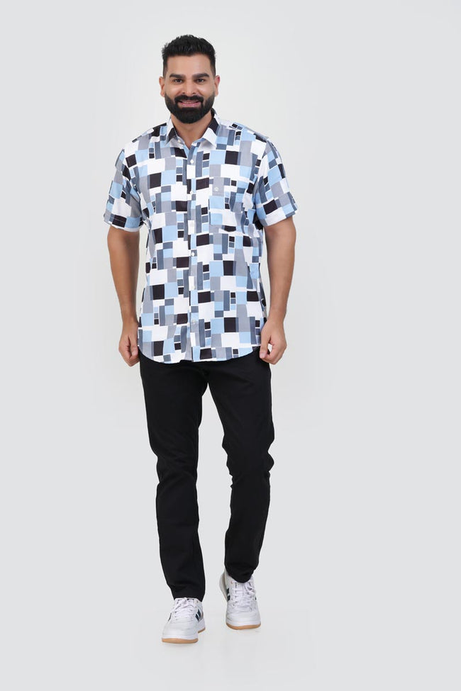 Freeco Print Shirt – Half Sleeve (Sky Blue & Charcoal Block) Hover Image