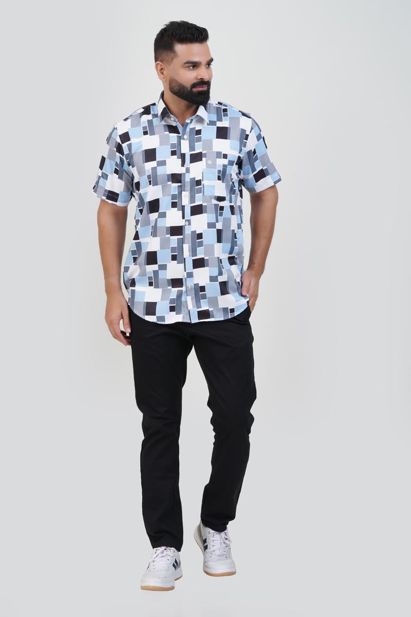 Freeco Print Shirt – Half Sleeve (Sky Blue & Charcoal Block)