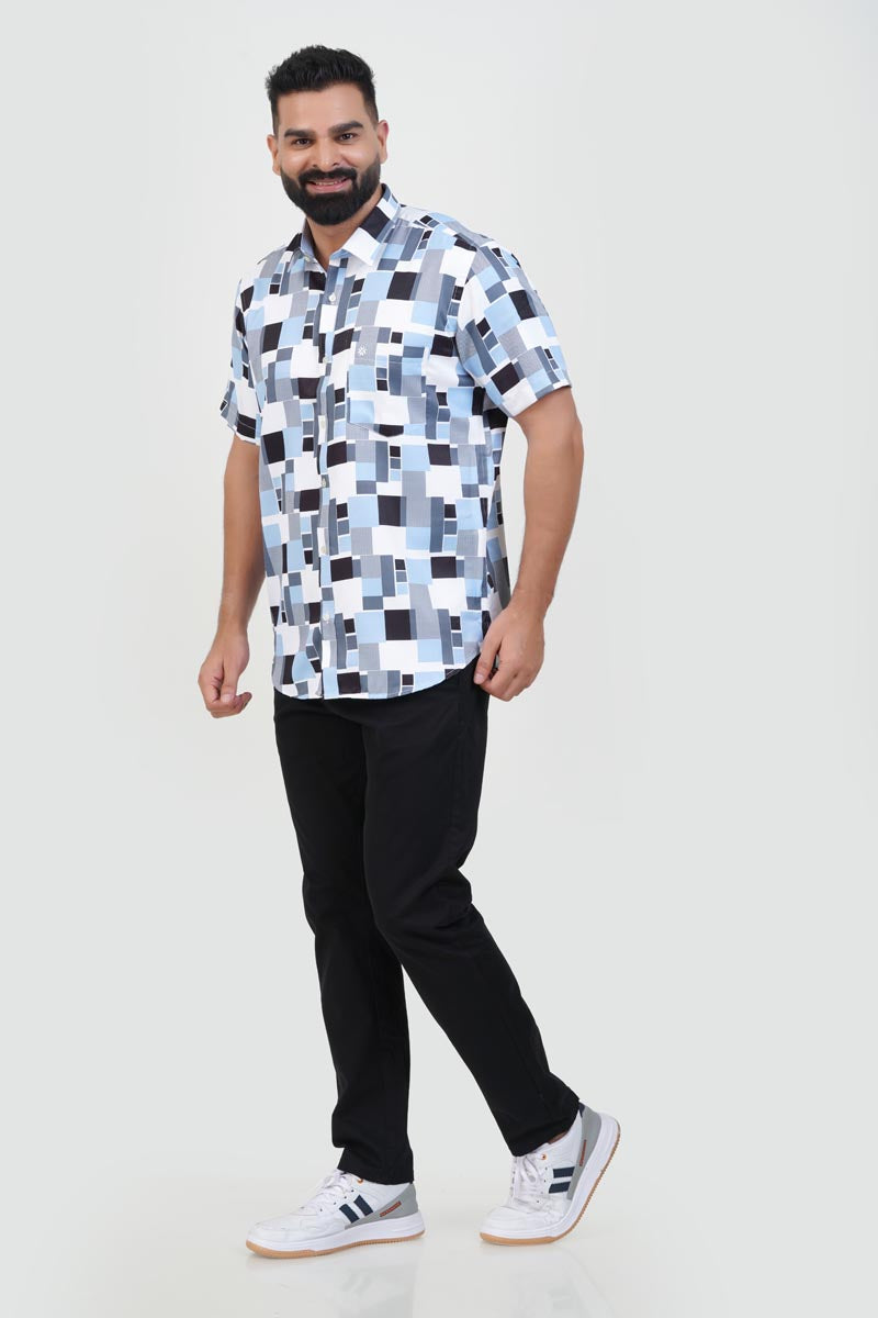 Freeco Print Shirt – Half Sleeve (Sky Blue & Charcoal Block)