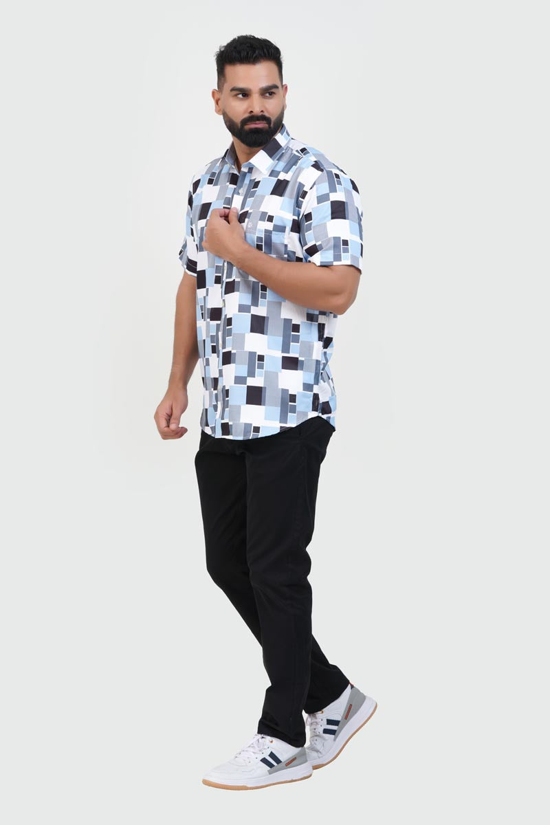 Freeco Print Shirt – Half Sleeve (Sky Blue & Charcoal Block)