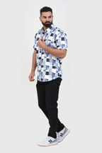 Freeco Print Shirt – Half Sleeve (Sky Blue & Charcoal Block)