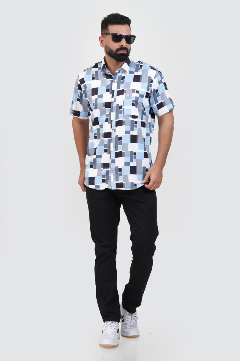 Freeco Print Shirt – Half Sleeve (Sky Blue & Charcoal Block)