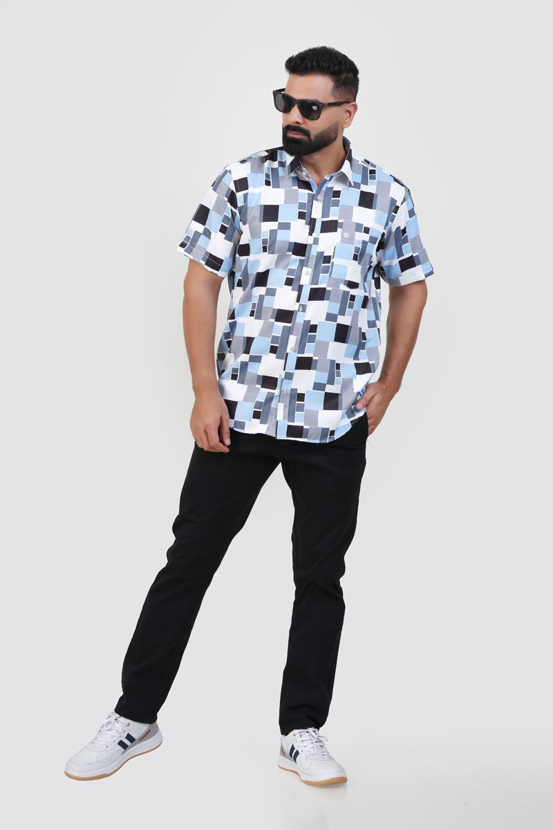 Freeco Print Shirt – Half Sleeve (Sky Blue & Charcoal Block)
