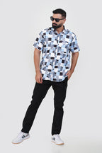 Freeco Print Shirt – Half Sleeve (Sky Blue & Charcoal Block)