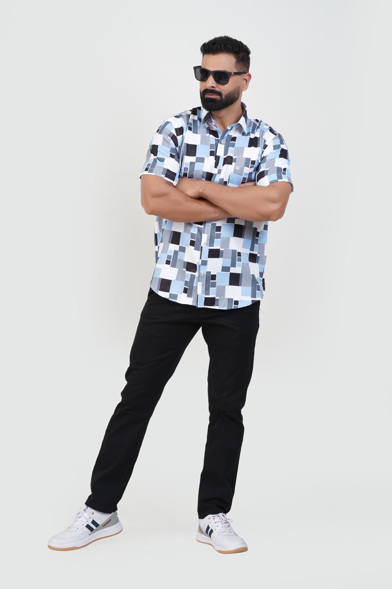 Freeco Print Shirt – Half Sleeve (Sky Blue & Charcoal Block)