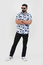 Freeco Print Shirt – Half Sleeve (Sky Blue & Charcoal Block)