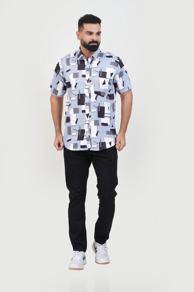 Freeco Print Shirt – Half Sleeve (Sky Blue & Charcoal Block) Hover Image