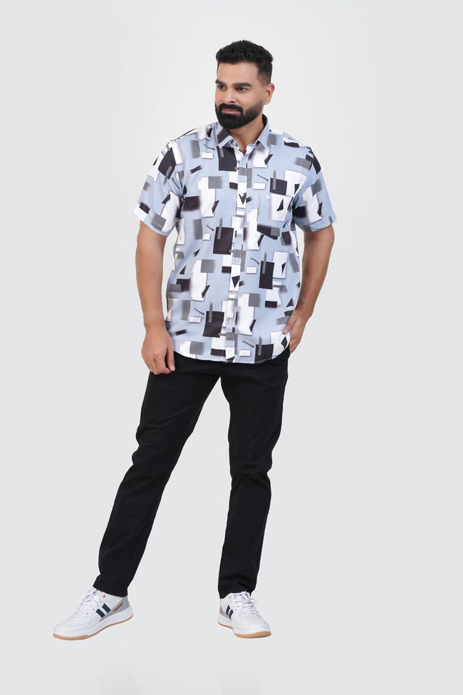Freeco Print Shirt – Half Sleeve (Sky Blue & Charcoal Block) Main Image