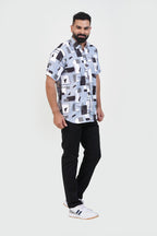 Freeco Print Shirt – Half Sleeve (Sky Blue & Charcoal Block)