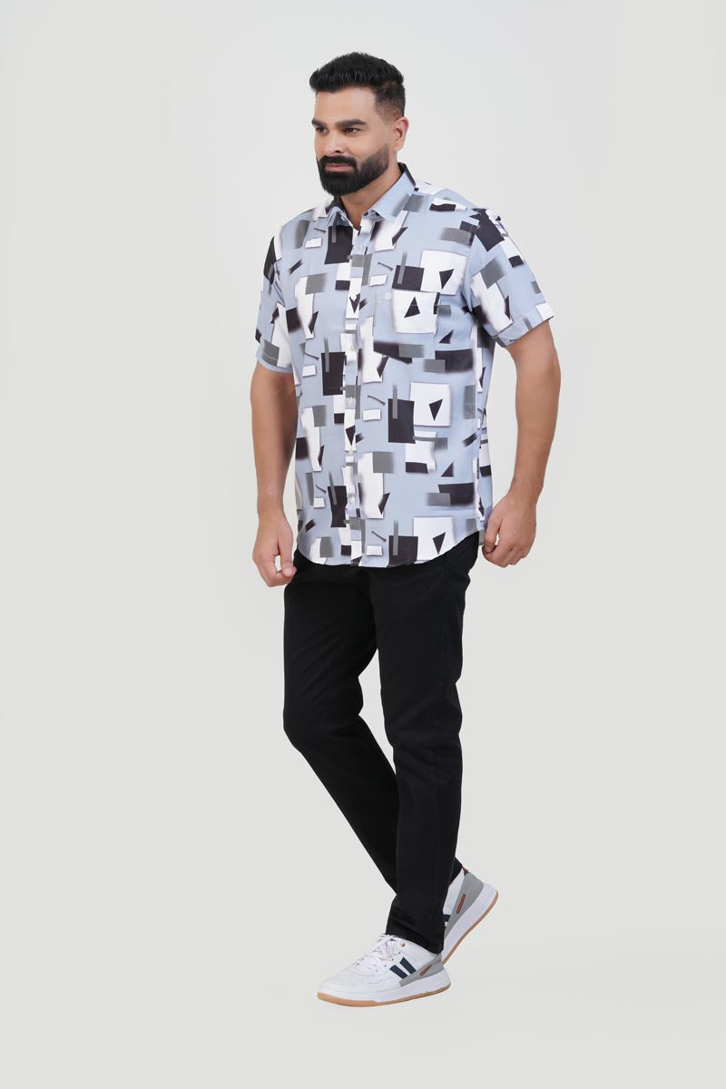 Freeco Print Shirt – Half Sleeve (Sky Blue & Charcoal Block)
