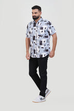 Freeco Print Shirt – Half Sleeve (Sky Blue & Charcoal Block)
