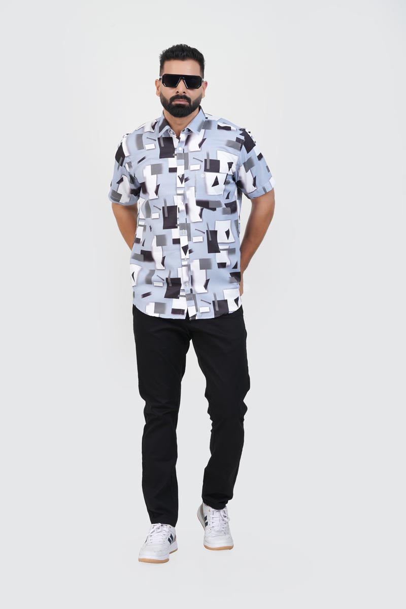 Freeco Print Shirt – Half Sleeve (Sky Blue & Charcoal Block)