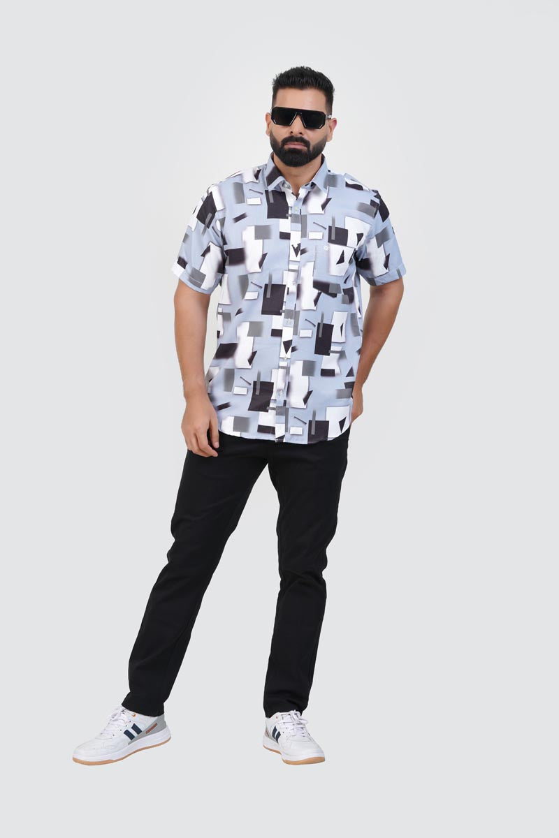 Freeco Print Shirt – Half Sleeve (Sky Blue & Charcoal Block)