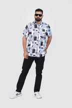 Freeco Print Shirt – Half Sleeve (Sky Blue & Charcoal Block)