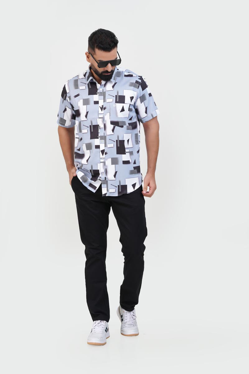 Freeco Print Shirt – Half Sleeve (Sky Blue & Charcoal Block)