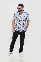Freeco Print Shirt – Half Sleeve (Sky Blue & Charcoal Block)