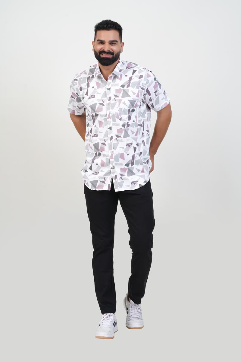Freeco Print Shirt – Half Sleeve (White & Dusty Rose Mosaic)