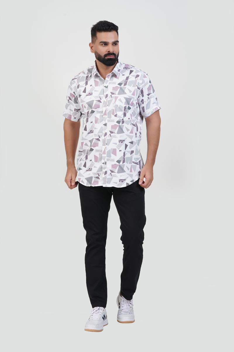Freeco Print Shirt – Half Sleeve (White & Dusty Rose Mosaic)