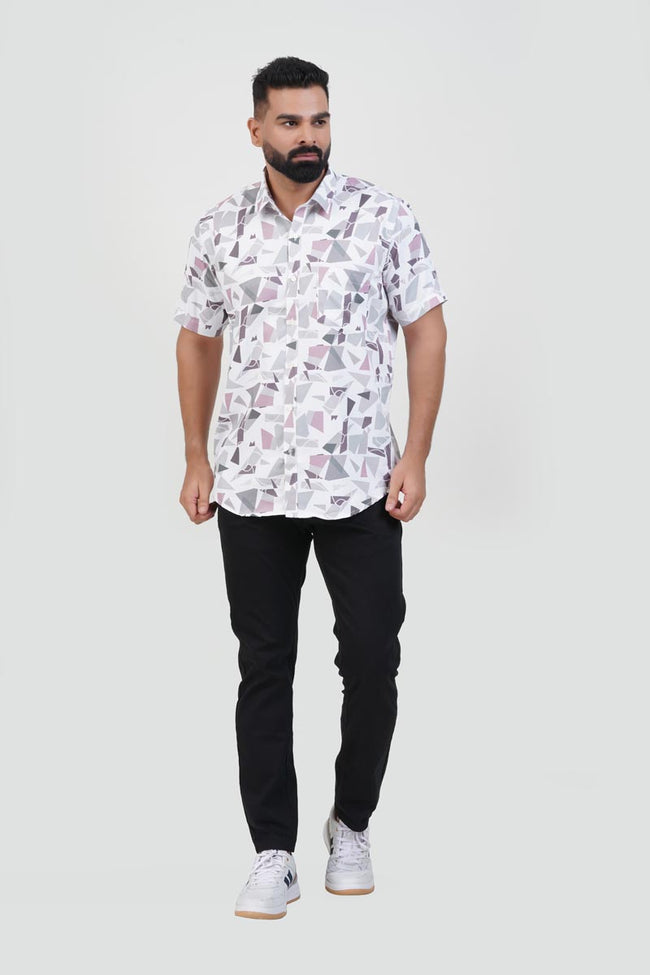 Freeco Print Shirt – Half Sleeve (White & Dusty Rose Mosaic) Main Image
