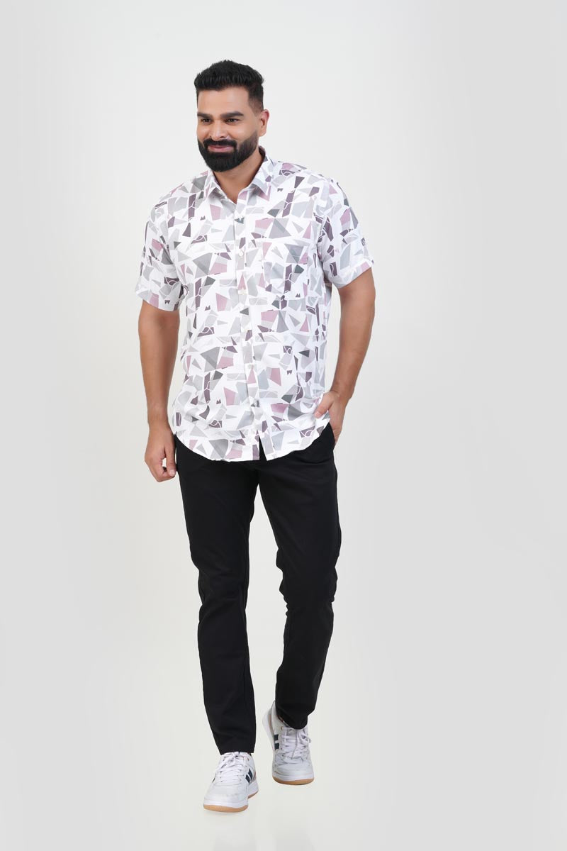 Freeco Print Shirt – Half Sleeve (White & Dusty Rose Mosaic)