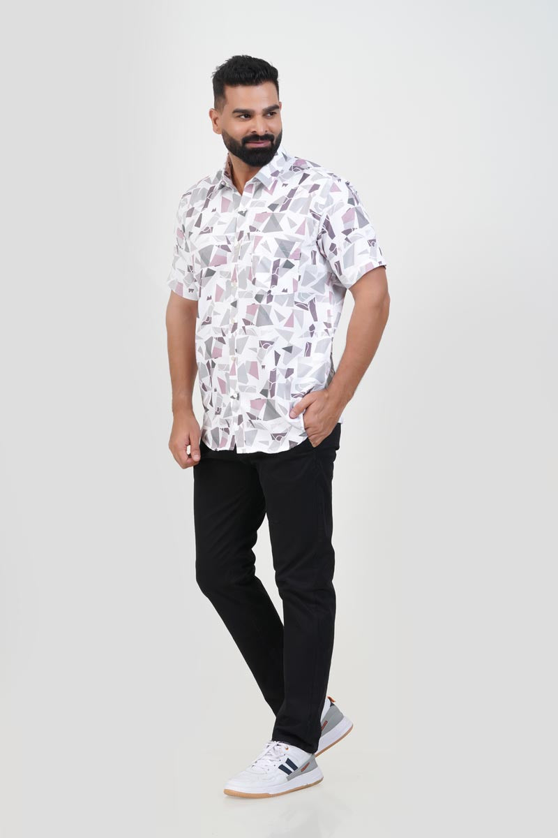 Freeco Print Shirt – Half Sleeve (White & Dusty Rose Mosaic)