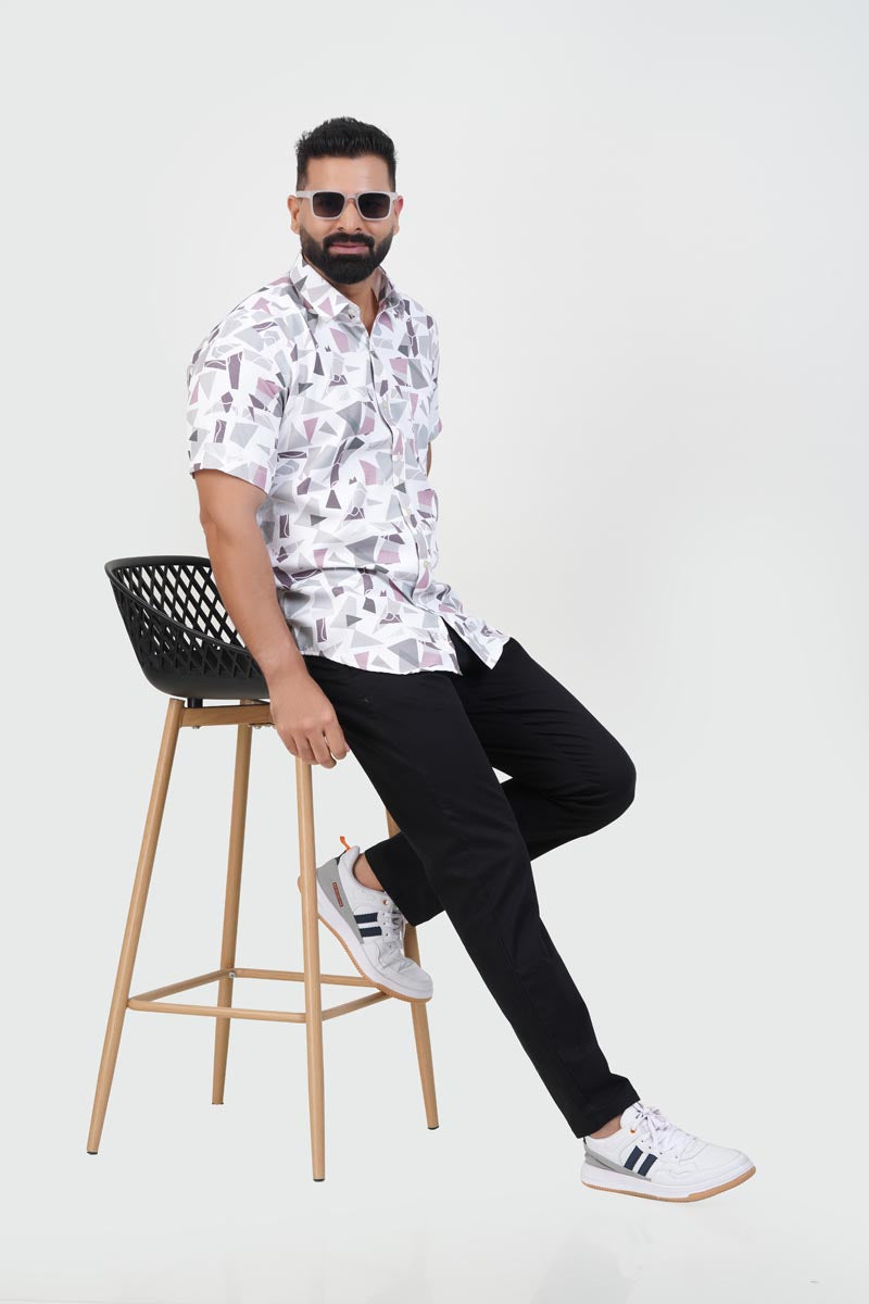 Freeco Print Shirt – Half Sleeve (White & Dusty Rose Mosaic)
