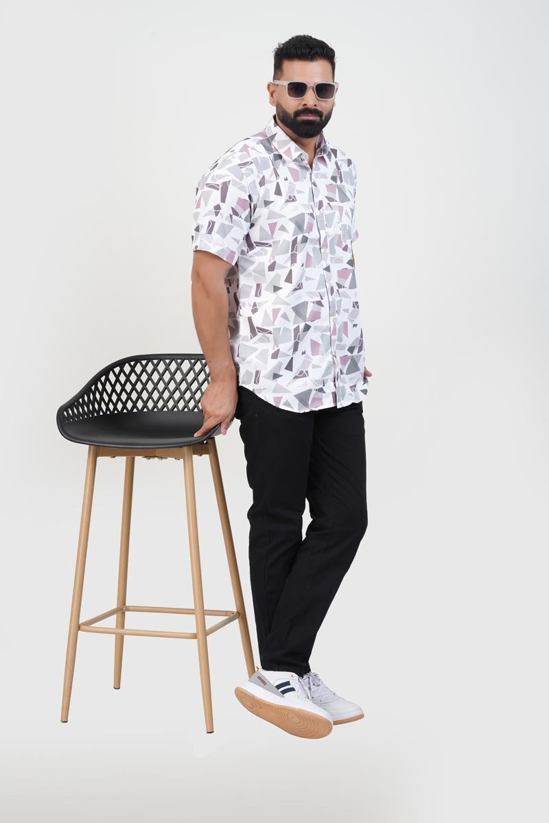 Freeco Print Shirt – Half Sleeve (White & Dusty Rose Mosaic)