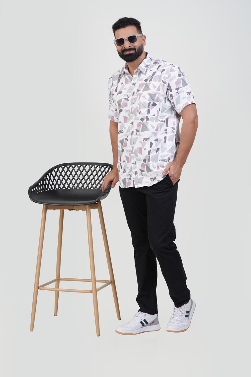 Freeco Print Shirt – Half Sleeve (White & Dusty Rose Mosaic)